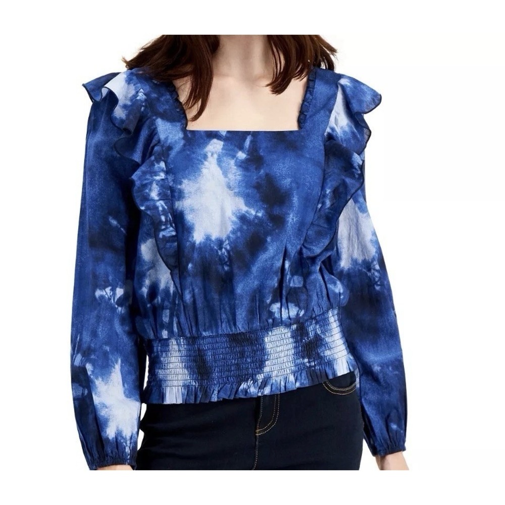 INC Cotton Ruffled Stretch Trim Long Sleeve Tie-Dye Blouse Top Blue Sz XL Boho